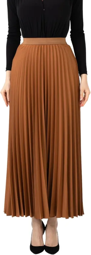 G-Line Women's Pleated Maxi Skirt - Modest Elastic High Waist A Line Swing Boho Ruffle Plisse Long Skirt for Casual or Office