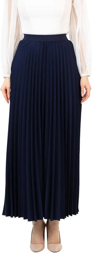 G-Line Women's Pleated Maxi Skirt - Modest Elastic High Waist A Line Swing Boho Ruffle Plisse Long Skirt for Casual or Office