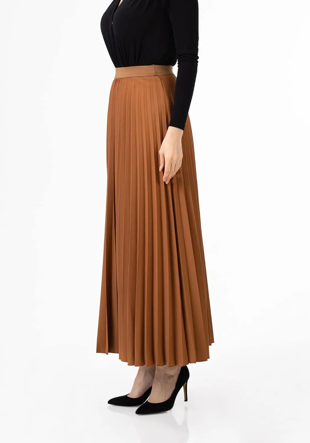 G-Line Women's Pleated Maxi Skirt - Modest Elastic High Waist A Line Swing Boho Ruffle Plisse Long Skirt for Casual or Office