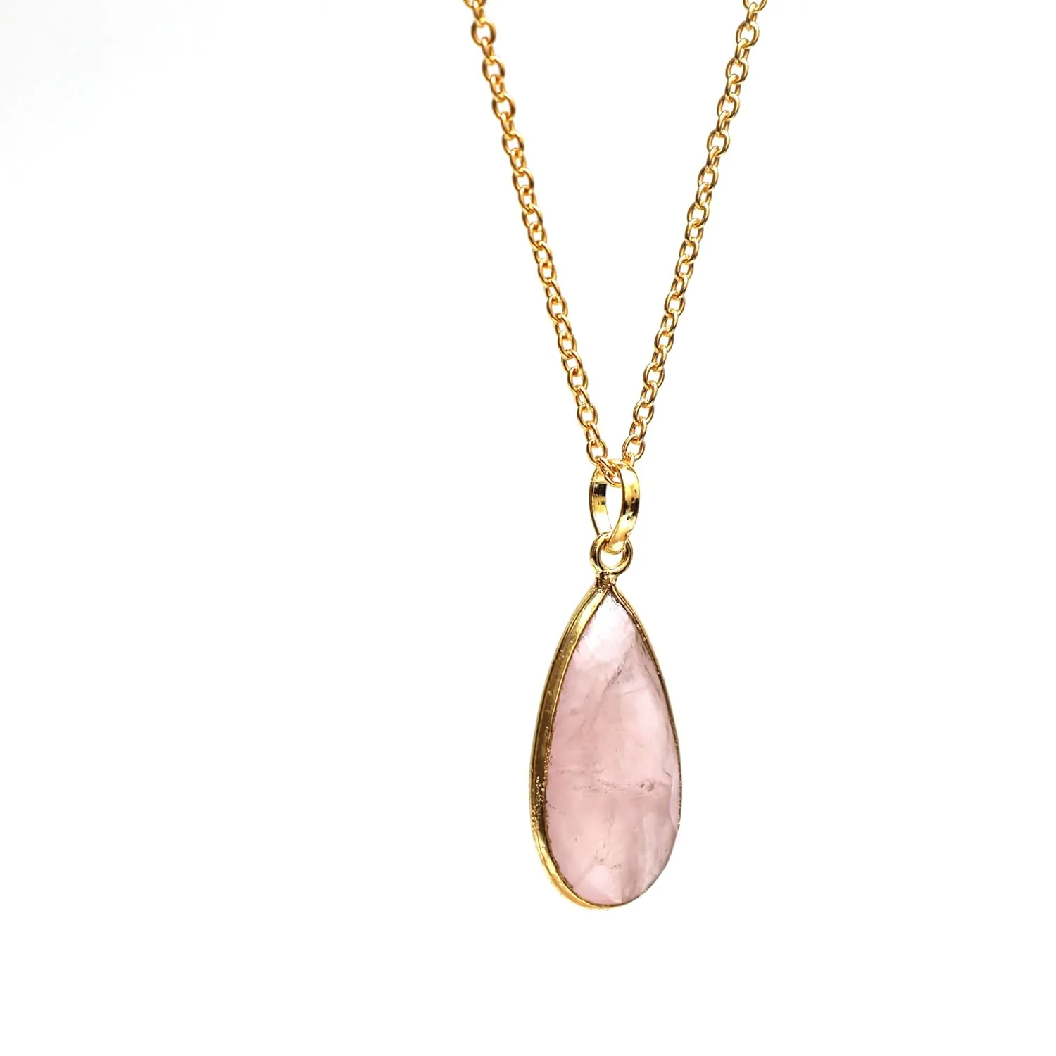 Gempires Rose Quartz Long Pear Bezel Faceted Gemstone Necklace with 18-Inch 14K Gold-Plated Chain  Elegant Teardrop Pendant Necklace for Women (Rose Quartz)