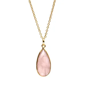 Gempires Rose Quartz Long Pear Bezel Faceted Gemstone Necklace with 18-Inch 14K Gold-Plated Chain  Elegant Teardrop Pendant Necklace for Women (Rose Quartz)
