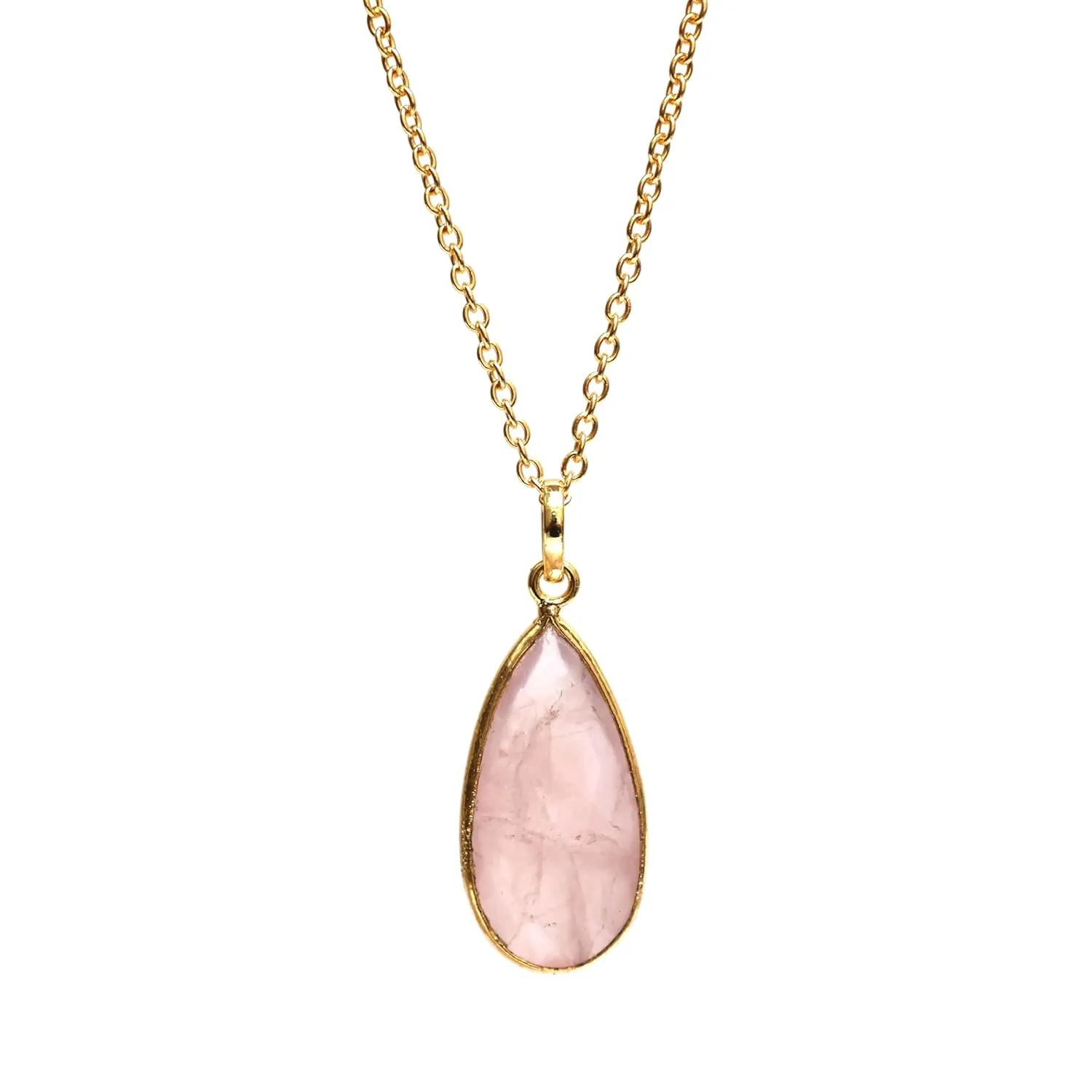 Gempires Rose Quartz Long Pear Bezel Faceted Gemstone Necklace with 18-Inch 14K Gold-Plated Chain  Elegant Teardrop Pendant Necklace for Women (Rose Quartz)