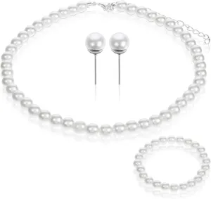 Giantree 3Pcs Pearl Set Jewelry for Women, Pearl Necklace Earring Set Gifts for Grandma, Pearl Necklaces for Women, Faux Pearl Jewelry for Wedding Birthday (Earring)