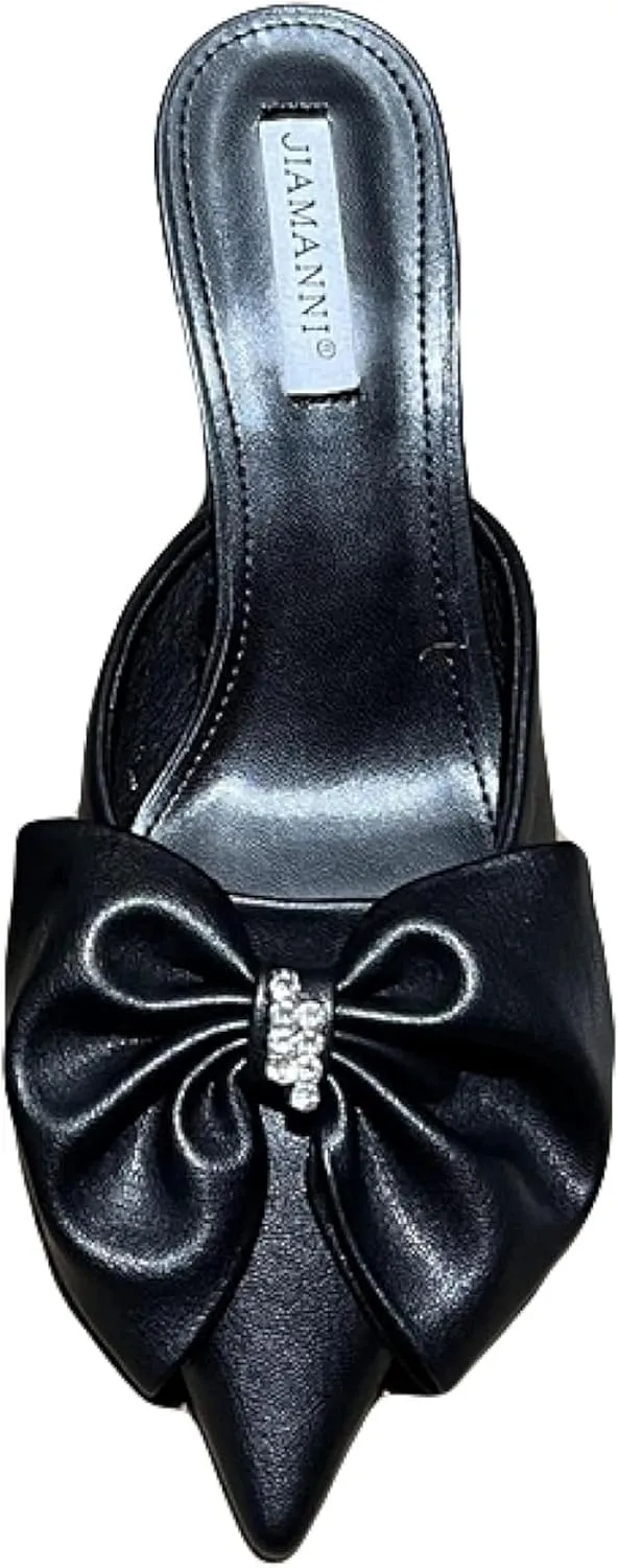 Girls Wear Mule Sandals, Elegant Bow, Pointed Kitten High Heels, Women's Backless Loafer Outdoor Slide