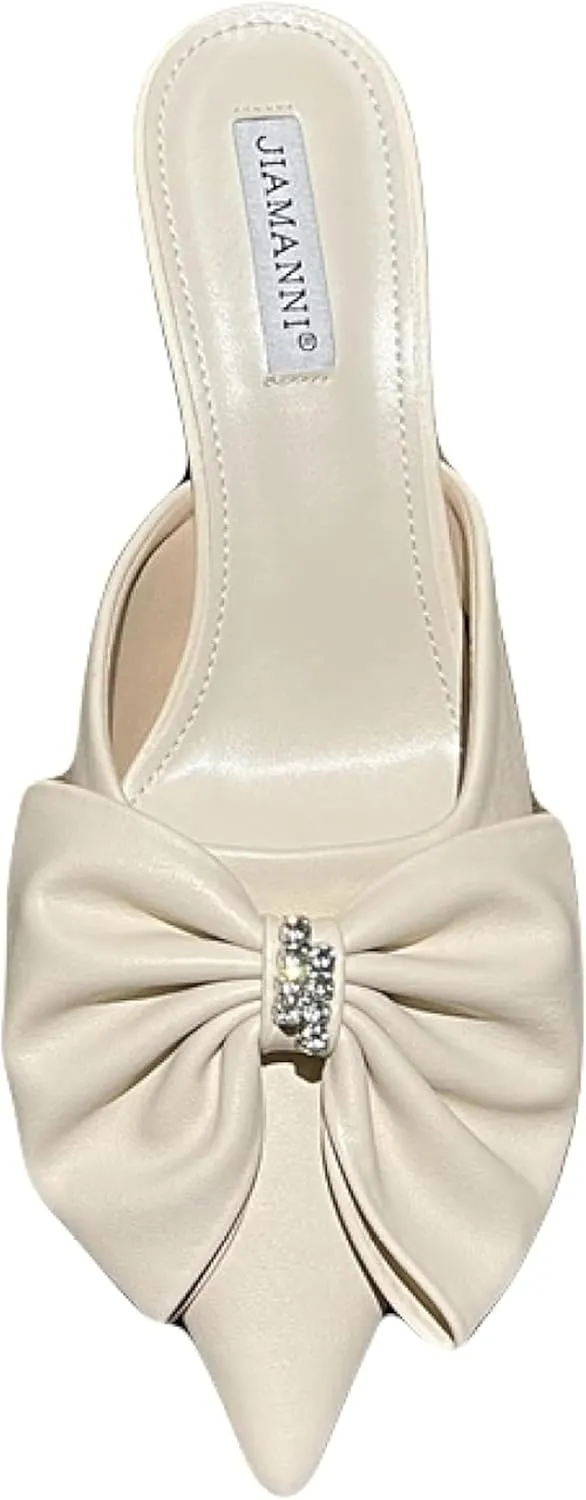 Girls Wear Mule Sandals, Elegant Bow, Pointed Kitten High Heels, Women's Backless Loafer Outdoor Slide