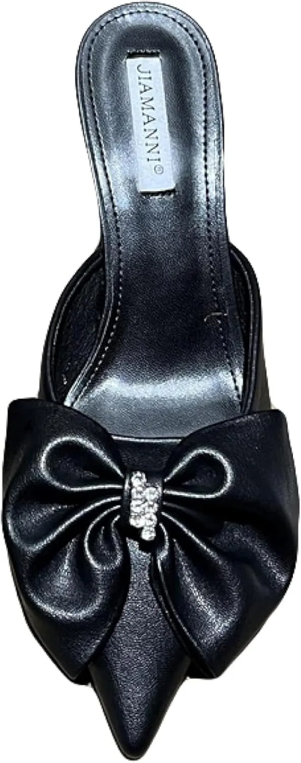 Girls Wear Mule Sandals, Elegant Bow, Pointed Kitten High Heels, Women's Backless Loafer Outdoor Slide
