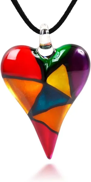 Glass Heart Necklace for Women - Mosaic Glass Heart Pendant Necklace - Large Puffy Chunky Heart Necklace - Purple Green Black Red Heart Necklace
