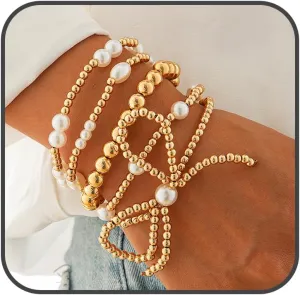 Gold Bead Stackable Bracelet for Women Adjustable Stack Strand Bead Ball Bracelet Set Bohemian Stretch Bow Beaded Bracelets Pearl Set Bracelet Statement Ball Bracelet Hand Jewelry