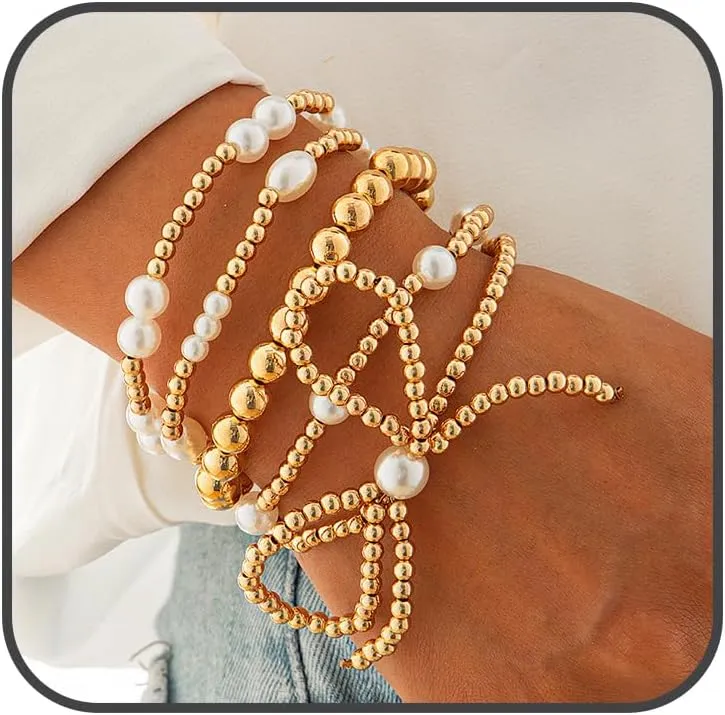 Gold Bead Stackable Bracelet for Women Adjustable Stack Strand Bead Ball Bracelet Set Bohemian Stretch Bow Beaded Bracelets Pearl Set Bracelet Statement Ball Bracelet Hand Jewelry
