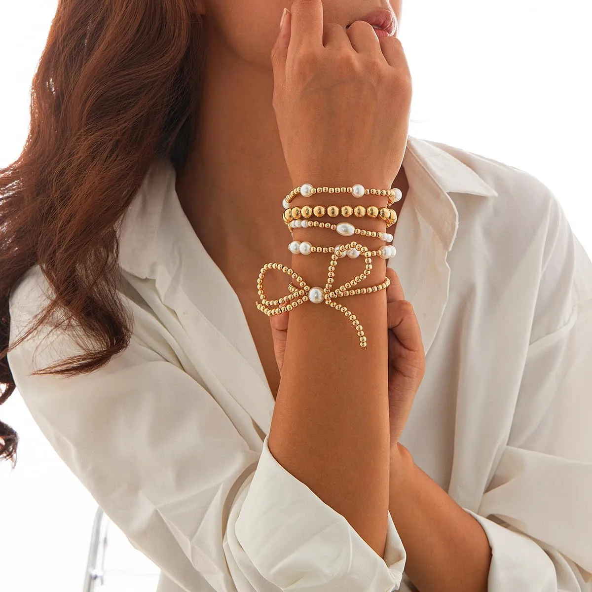 Gold Bead Stackable Bracelet for Women Adjustable Stack Strand Bead Ball Bracelet Set Bohemian Stretch Bow Beaded Bracelets Pearl Set Bracelet Statement Ball Bracelet Hand Jewelry