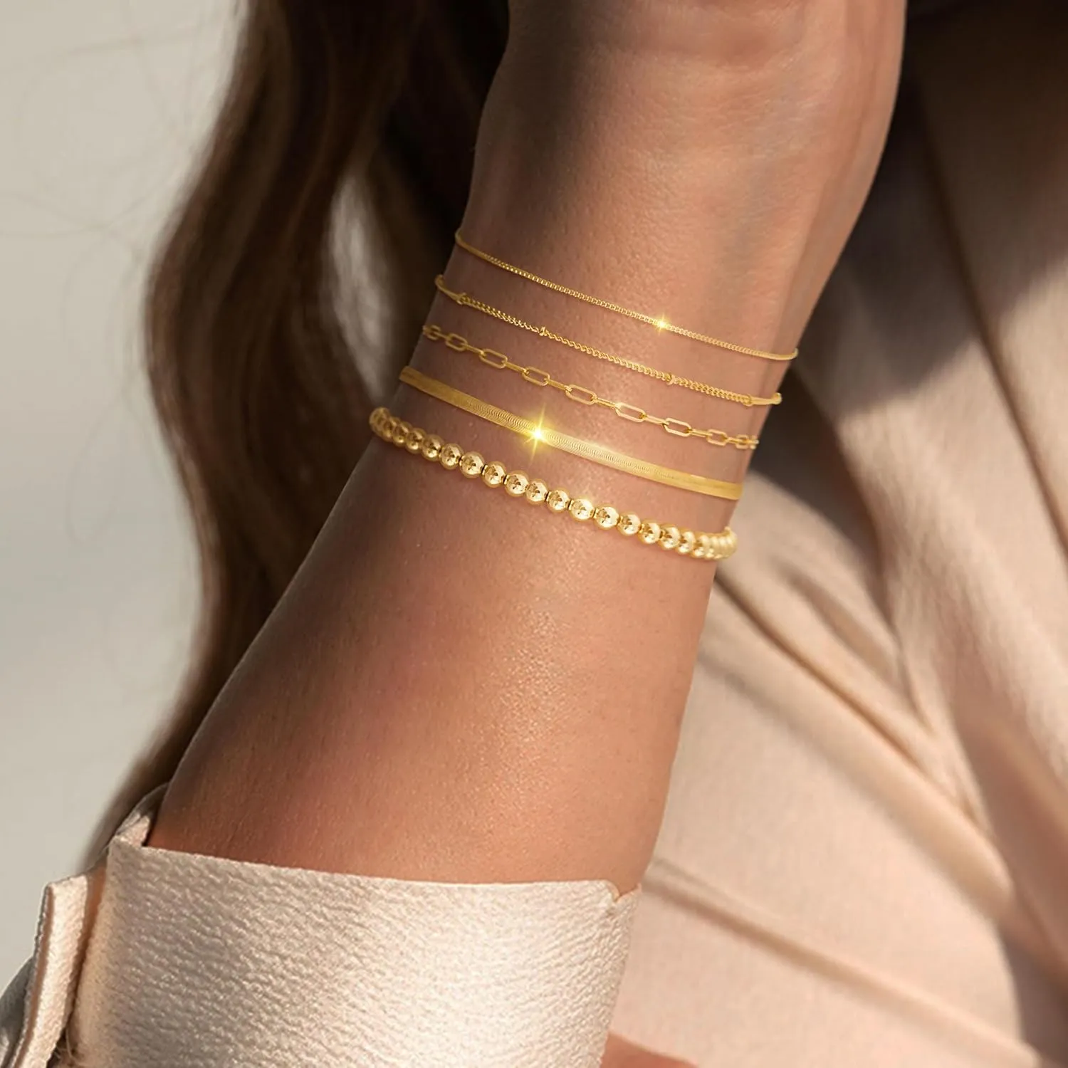 Gold Bracelet for Women - Dainty Stack Bracelets Trendy Adjustable 14K Gold Plated Thin Paperclip Bead Box Satellite Figaro Cuban Link Chain Bracelet Set for Women Waterproof Jewelry Gift