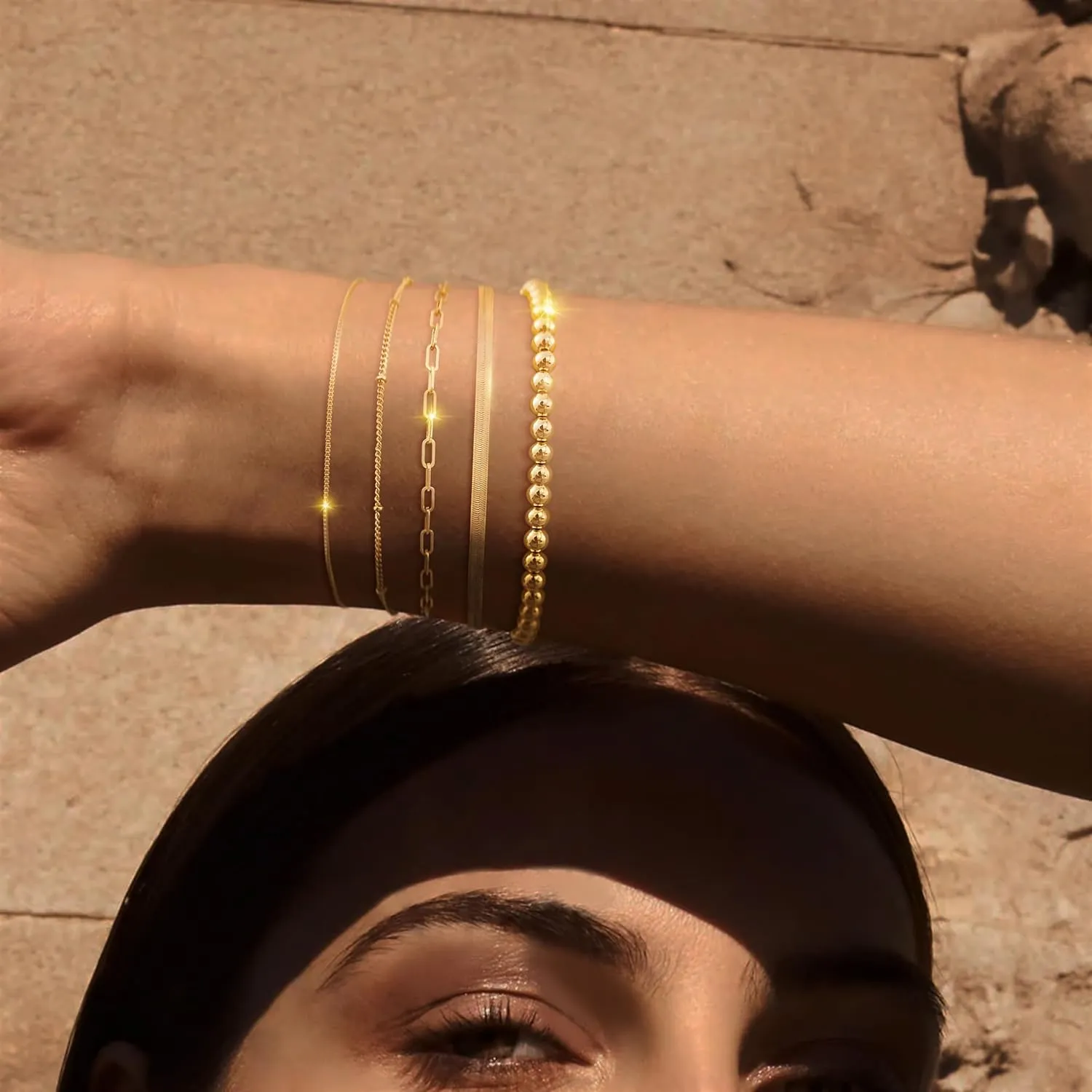 Gold Bracelet for Women - Dainty Stack Bracelets Trendy Adjustable 14K Gold Plated Thin Paperclip Bead Box Satellite Figaro Cuban Link Chain Bracelet Set for Women Waterproof Jewelry Gift