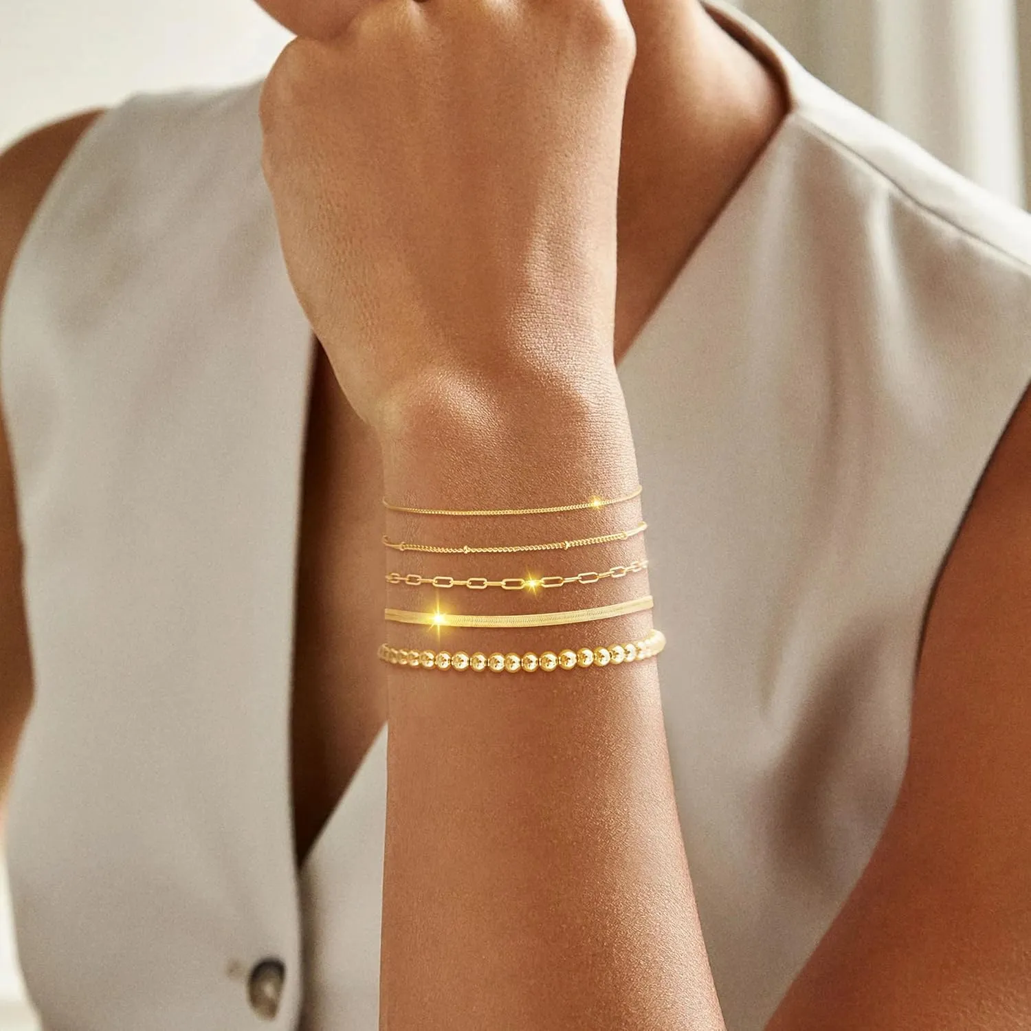 Gold Bracelet for Women - Dainty Stack Bracelets Trendy Adjustable 14K Gold Plated Thin Paperclip Bead Box Satellite Figaro Cuban Link Chain Bracelet Set for Women Waterproof Jewelry Gift