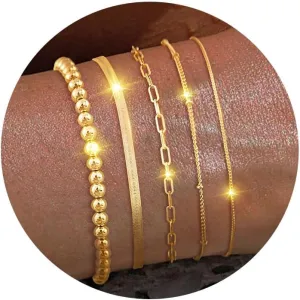 Gold Bracelet for Women - Dainty Stack Bracelets Trendy Adjustable 14K Gold Plated Thin Paperclip Bead Box Satellite Figaro Cuban Link Chain Bracelet Set for Women Waterproof Jewelry Gift