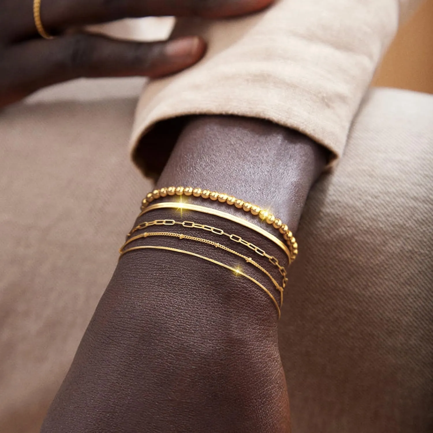Gold Bracelet for Women - Dainty Stack Bracelets Trendy Adjustable 14K Gold Plated Thin Paperclip Bead Box Satellite Figaro Cuban Link Chain Bracelet Set for Women Waterproof Jewelry Gift
