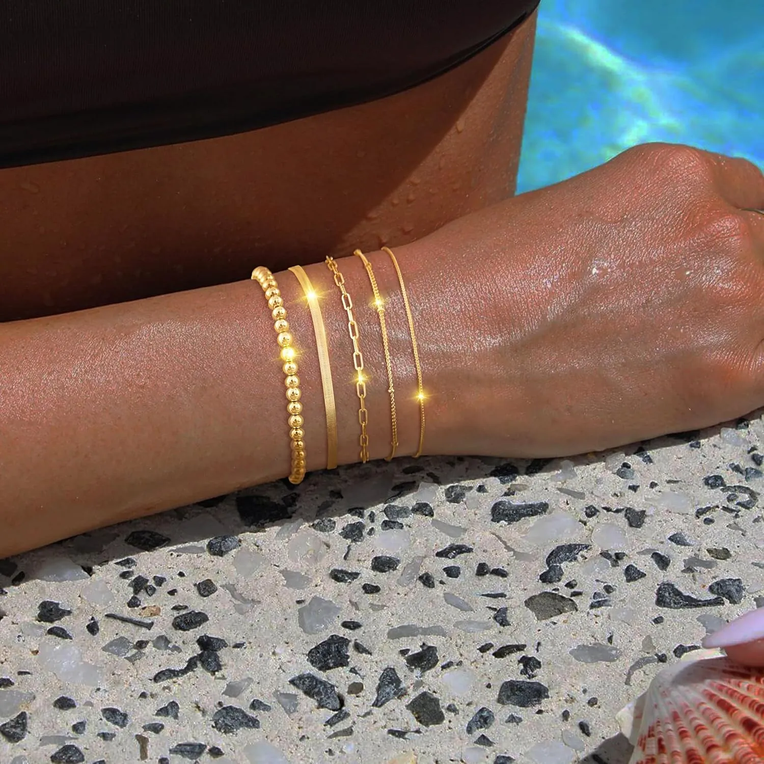 Gold Bracelet for Women - Dainty Stack Bracelets Trendy Adjustable 14K Gold Plated Thin Paperclip Bead Box Satellite Figaro Cuban Link Chain Bracelet Set for Women Waterproof Jewelry Gift