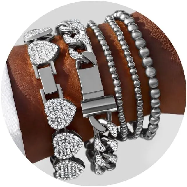 Gold Bracelets for Women, Gold Plated Cuban Link Chain Bracelet Pack Layered Metal Link Bracelet Set Fashion Jewelry for Women Set