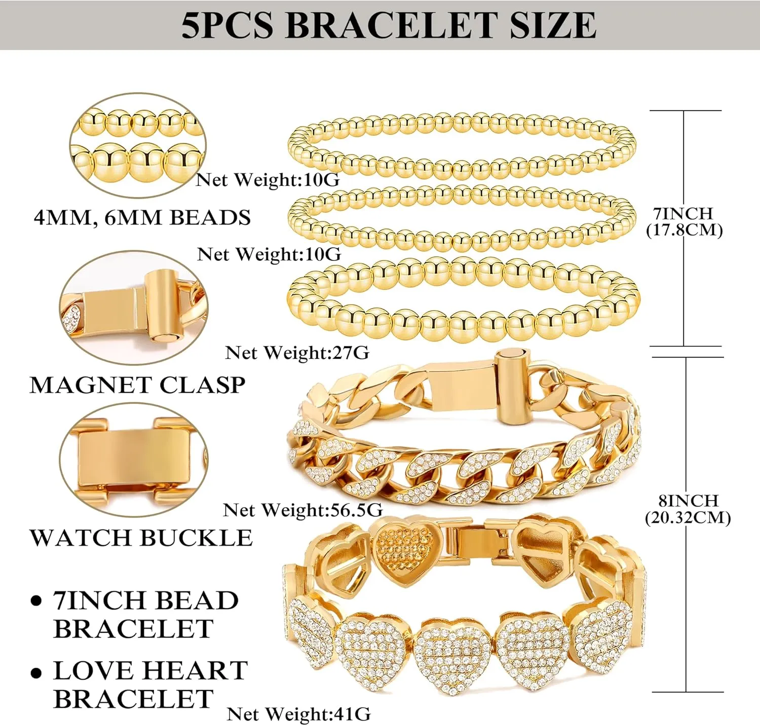 Gold Bracelets for Women, Gold Plated Cuban Link Chain Bracelet Pack Layered Metal Link Bracelet Set Fashion Jewelry for Women Set