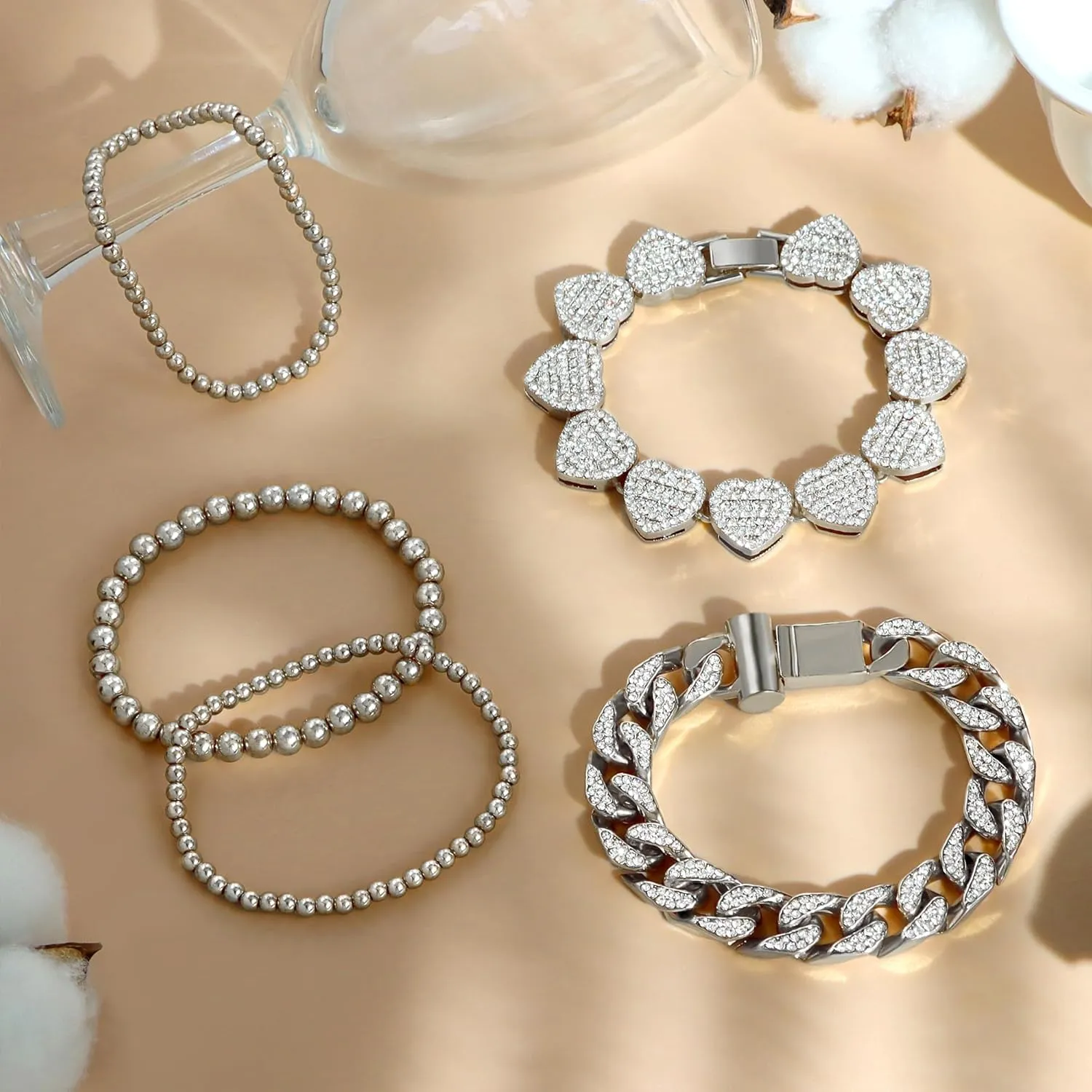 Gold Bracelets for Women, Gold Plated Cuban Link Chain Bracelet Pack Layered Metal Link Bracelet Set Fashion Jewelry for Women Set
