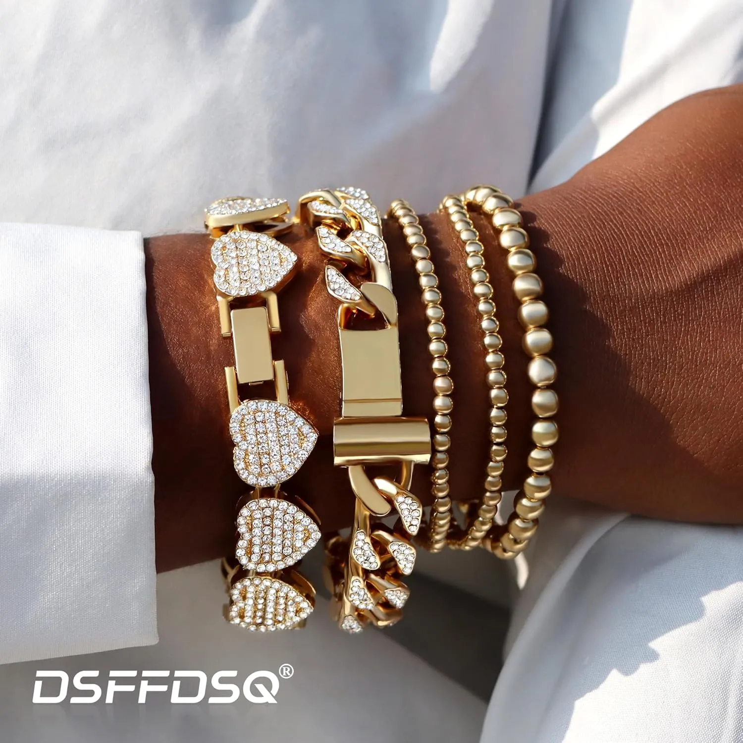 Gold Bracelets for Women, Gold Plated Cuban Link Chain Bracelet Pack Layered Metal Link Bracelet Set Fashion Jewelry for Women Set