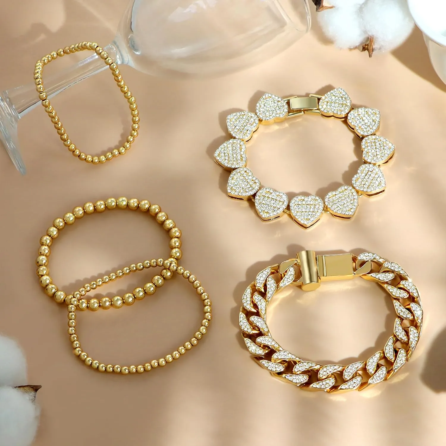 Gold Bracelets for Women, Gold Plated Cuban Link Chain Bracelet Pack Layered Metal Link Bracelet Set Fashion Jewelry for Women Set