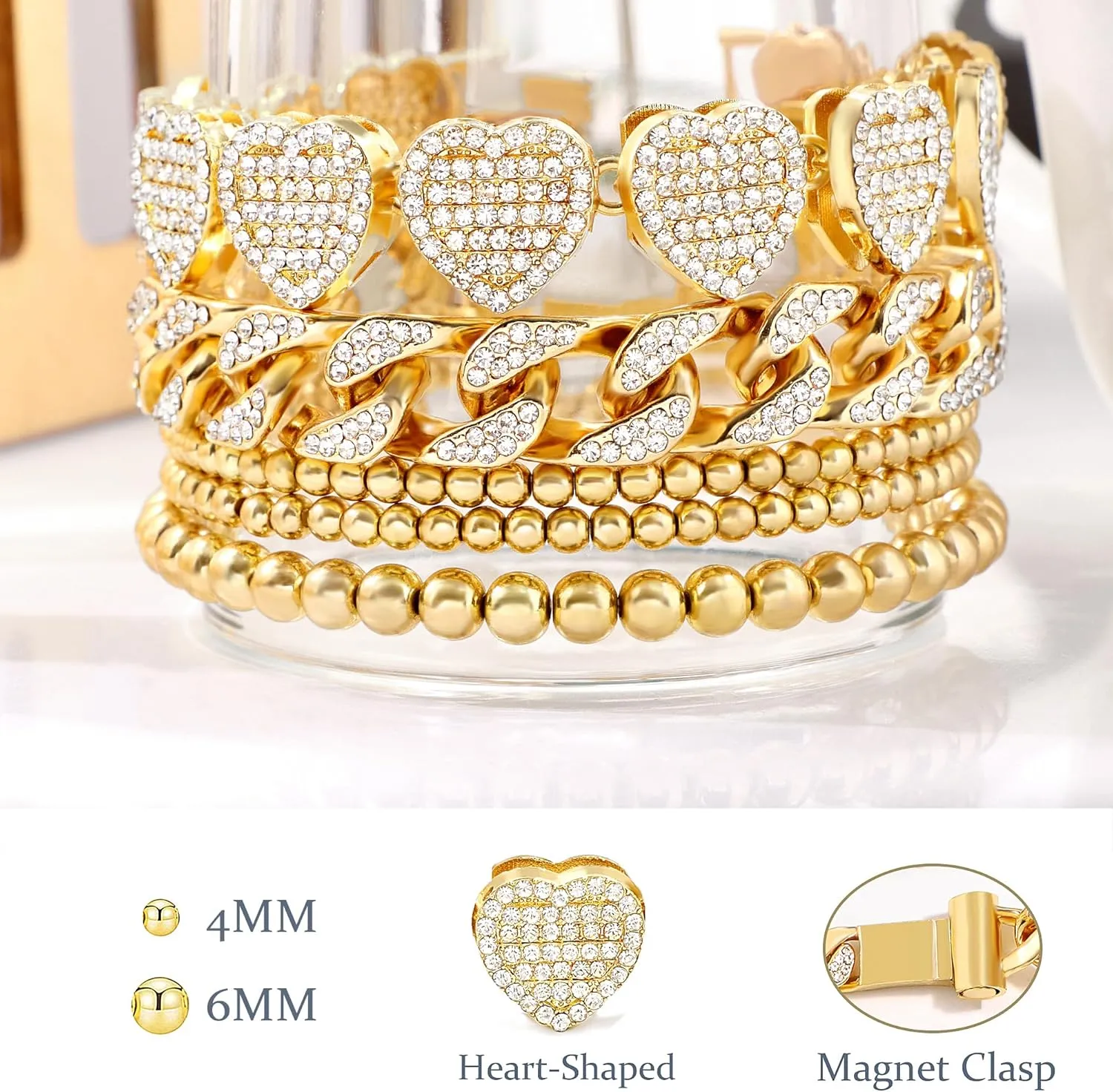 Gold Bracelets for Women, Gold Plated Cuban Link Chain Bracelet Pack Layered Metal Link Bracelet Set Fashion Jewelry for Women Set
