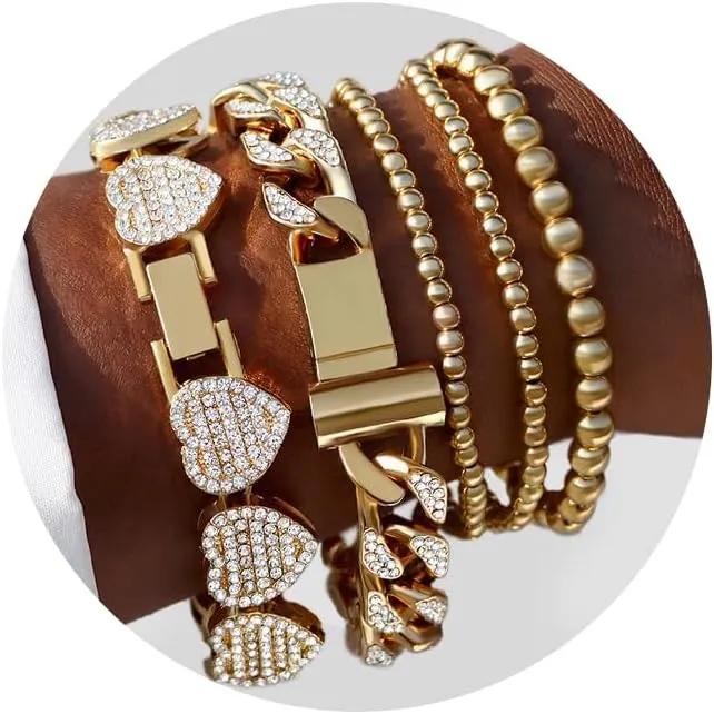 Gold Bracelets for Women, Gold Plated Cuban Link Chain Bracelet Pack Layered Metal Link Bracelet Set Fashion Jewelry for Women Set