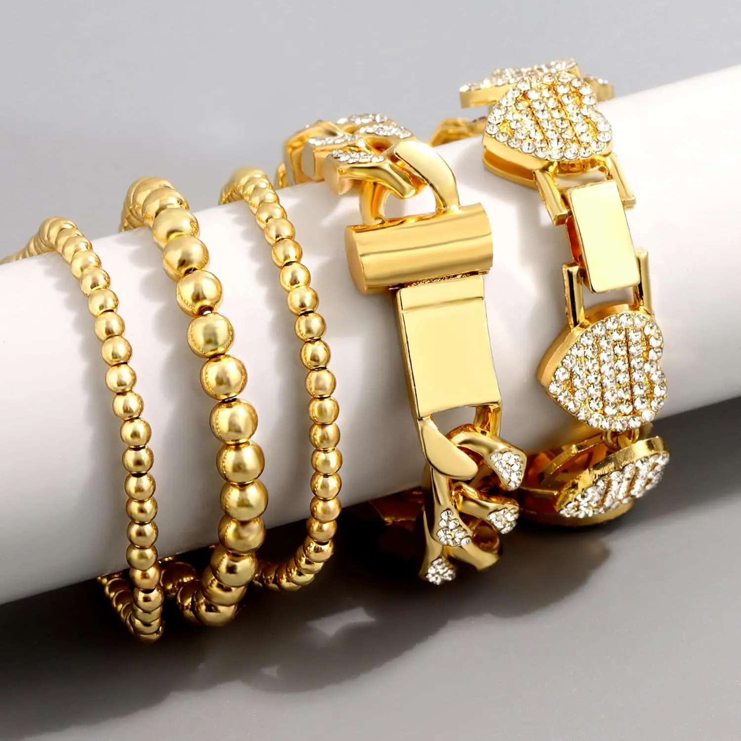 Gold Bracelets for Women, Gold Plated Cuban Link Chain Bracelet Pack Layered Metal Link Bracelet Set Fashion Jewelry for Women Set