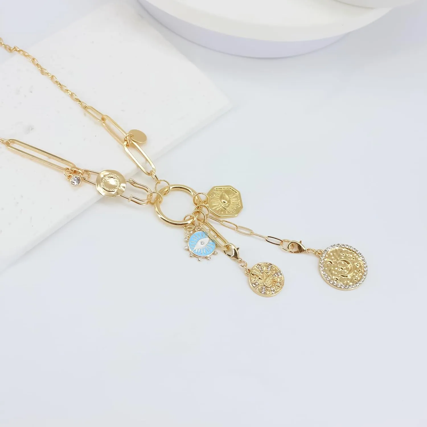 Gold Charm Necklace for Women, Detachable Women's Evil Eye Paperclip Charm Necklace, Gold Coin Necklace