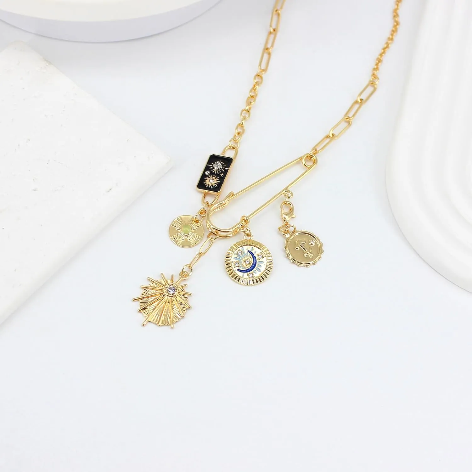 Gold Charm Necklace for Women, Detachable Women's Evil Eye Paperclip Charm Necklace, Gold Coin Necklace