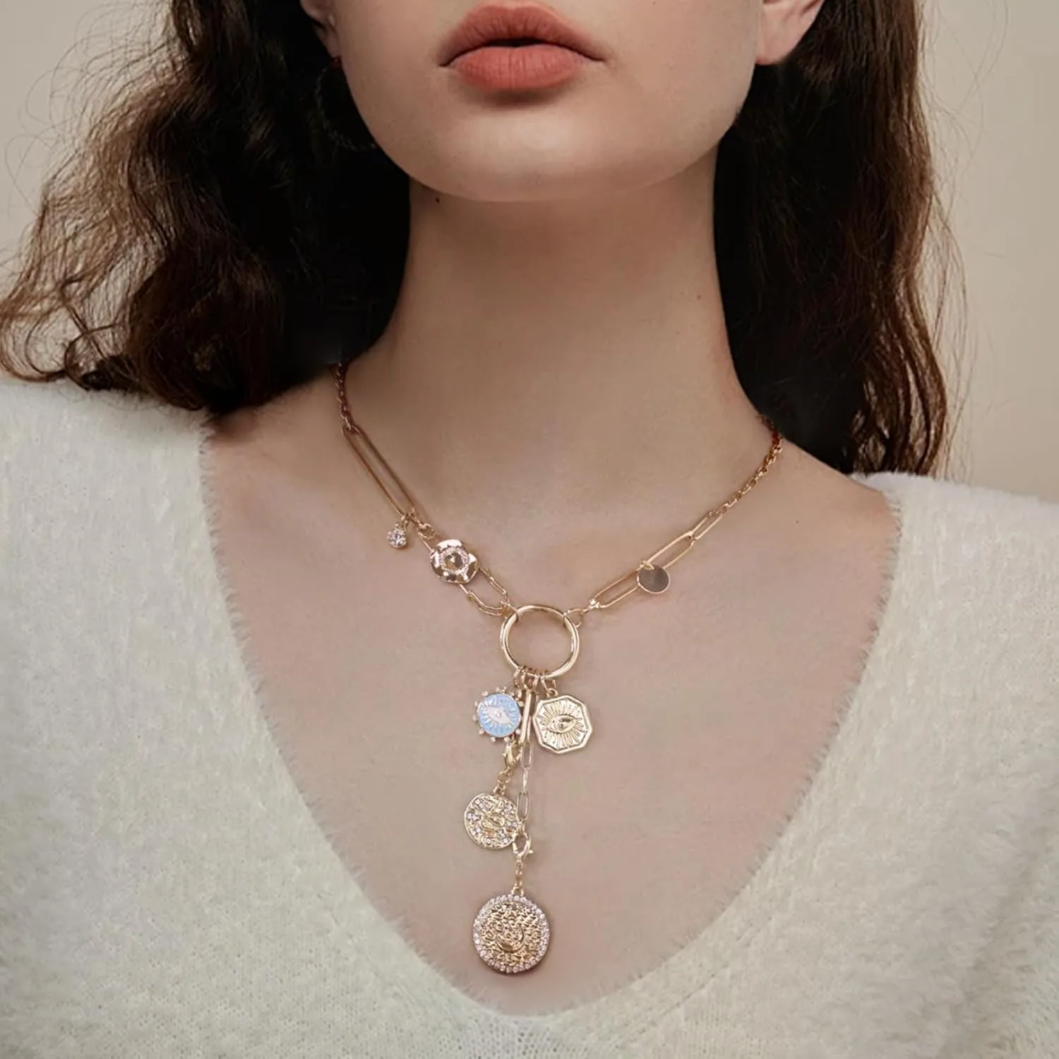 Gold Charm Necklace for Women, Detachable Women's Evil Eye Paperclip Charm Necklace, Gold Coin Necklace