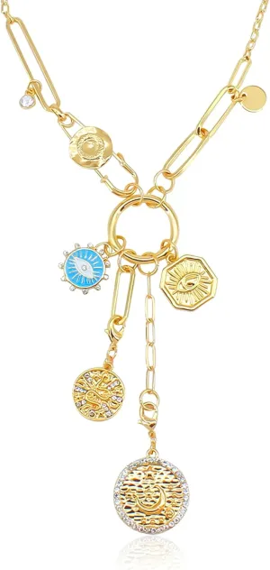 Gold Charm Necklace for Women, Detachable Women's Evil Eye Paperclip Charm Necklace, Gold Coin Necklace