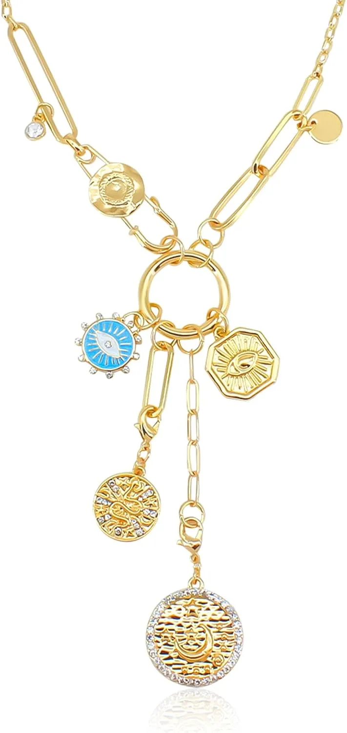 Gold Charm Necklace for Women, Detachable Women's Evil Eye Paperclip Charm Necklace, Gold Coin Necklace