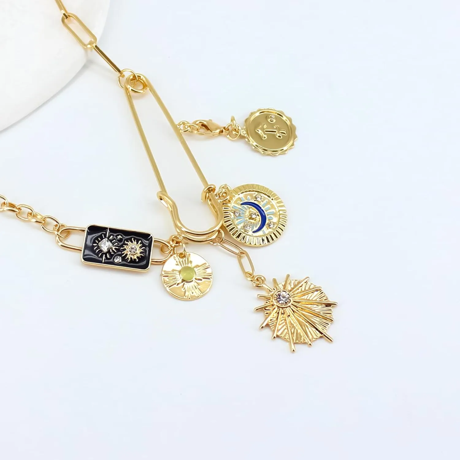 Gold Charm Necklace for Women, Detachable Women's Evil Eye Paperclip Charm Necklace, Gold Coin Necklace