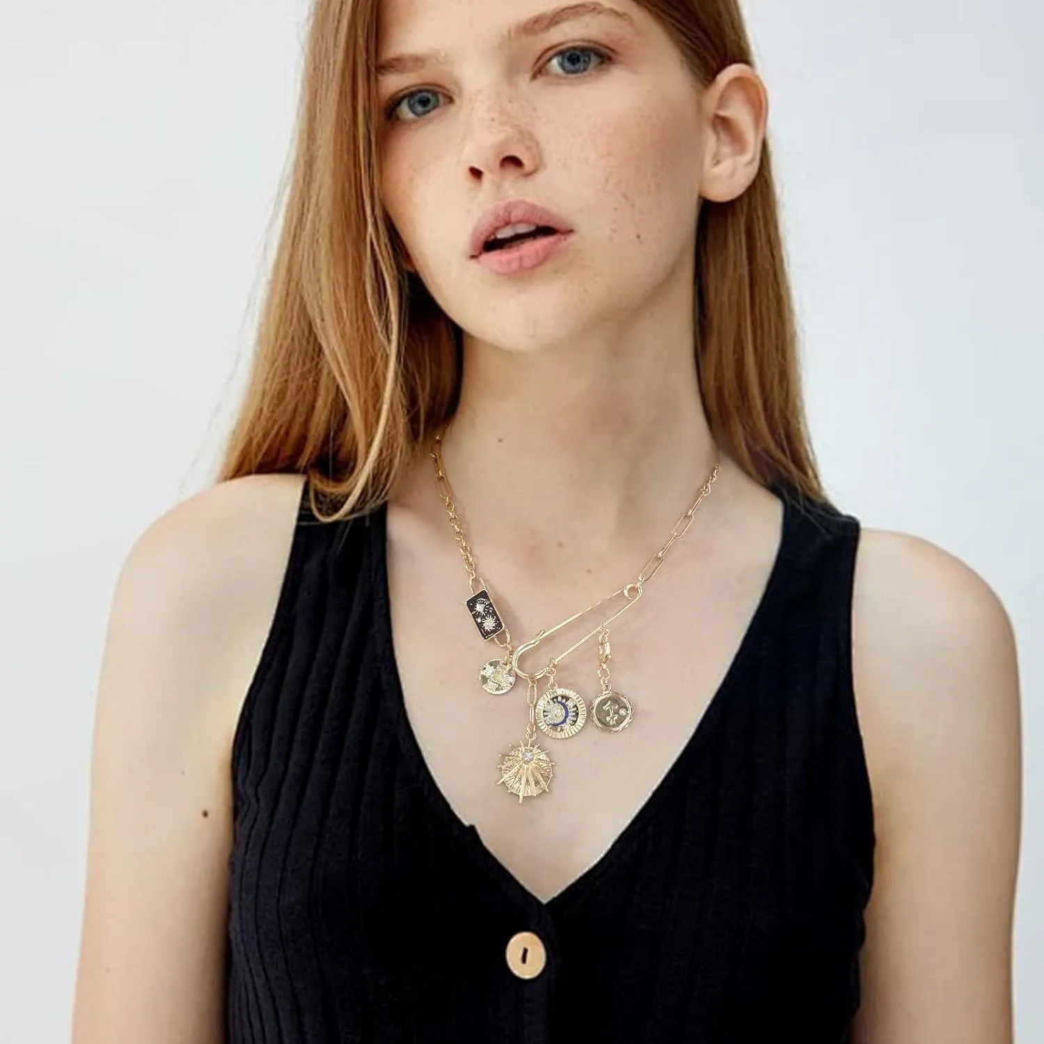 Gold Charm Necklace for Women, Detachable Women's Evil Eye Paperclip Charm Necklace, Gold Coin Necklace