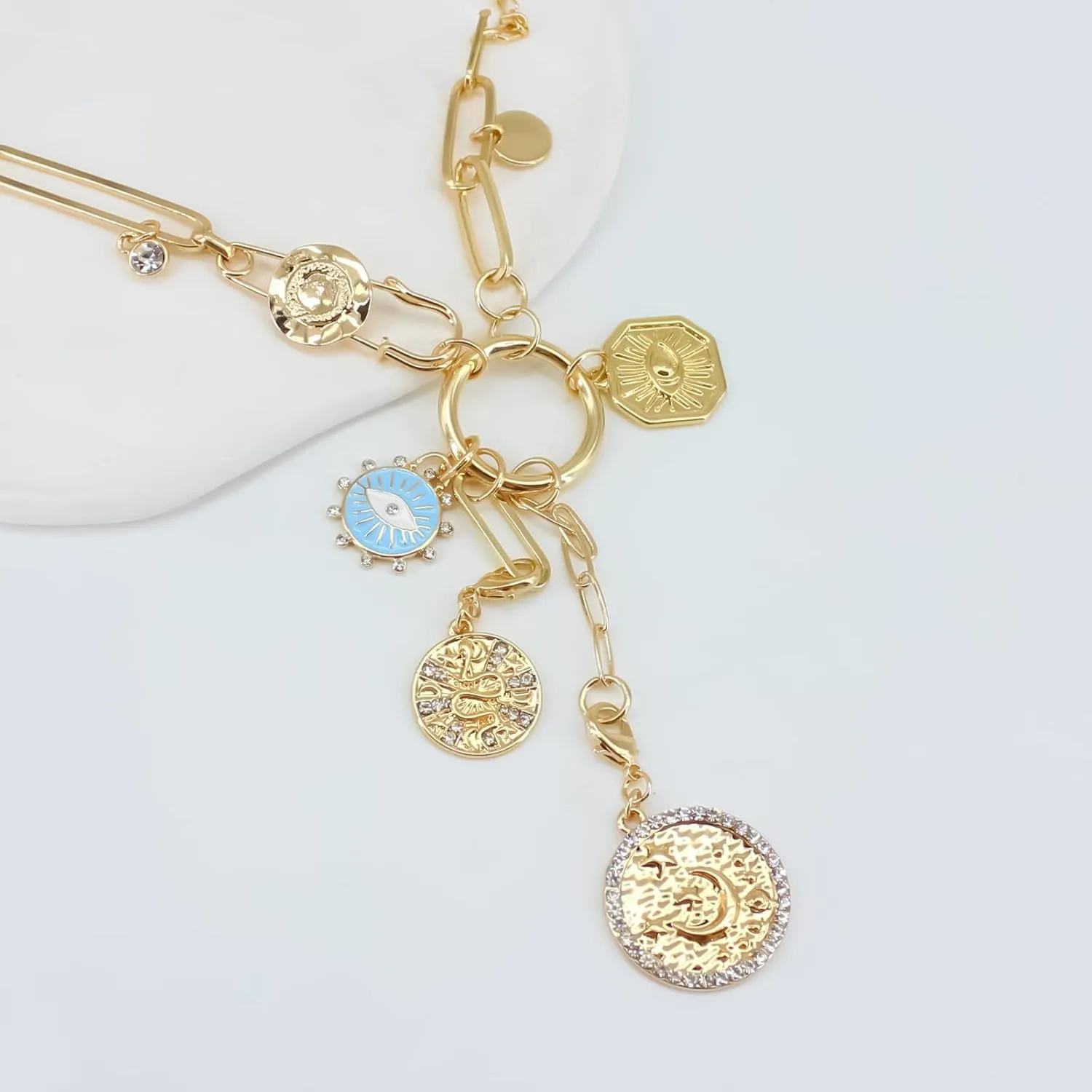 Gold Charm Necklace for Women, Detachable Women's Evil Eye Paperclip Charm Necklace, Gold Coin Necklace