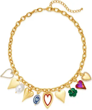 Gold Charms Necklaces for Women Trendy Multi-pendants Colorful Heart Necklace Statement Chunky Gold Chain Necklace