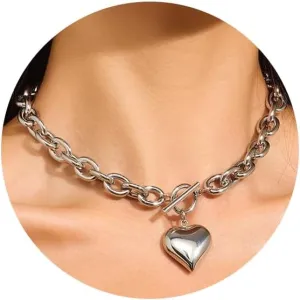 Gold Chunky Heart Necklace for Women Silver Puffy Heart Pendant Paperclip Necklace Chunky Chain Statement Jewelry