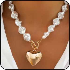 Gold Chunky Necklace for Women Trendy Baroque Pearl Statement Necklaces Big Heart Pendant OT Toggle Necklace Layered Silver Heart Chunky Jewelry