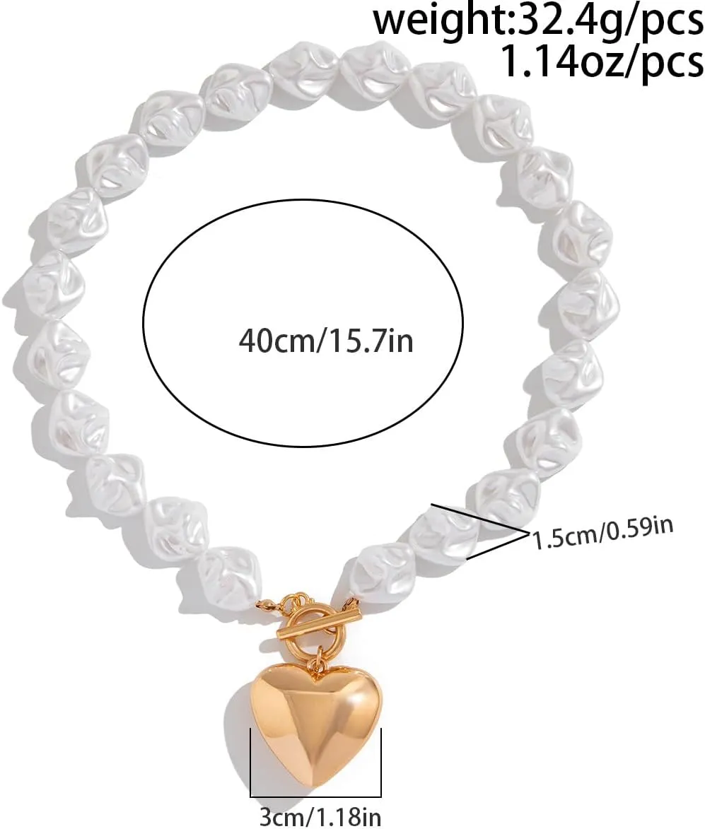 Gold Chunky Necklace for Women Trendy Baroque Pearl Statement Necklaces Big Heart Pendant OT Toggle Necklace Layered Silver Heart Chunky Jewelry