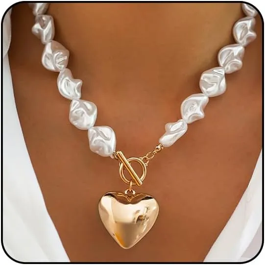 Gold Chunky Necklace for Women Trendy Baroque Pearl Statement Necklaces Big Heart Pendant OT Toggle Necklace Layered Silver Heart Chunky Jewelry