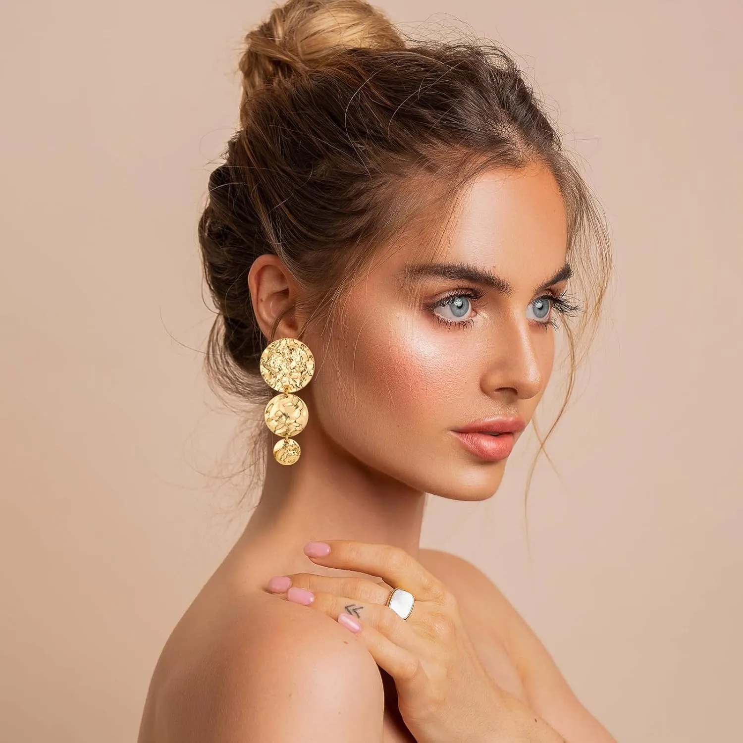 Gold Hammered Rectangle Geometric Hoop Dangle Earrings Statement Vintage Round Hoop Drop Earrings for Women Jewelry