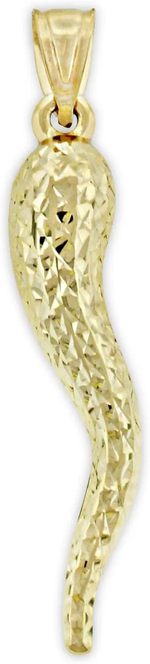 Gold Large Italian Horn Charm - 10 Karat Gold - Diamond Cut Italian Horn Pendant - Dangle Charm