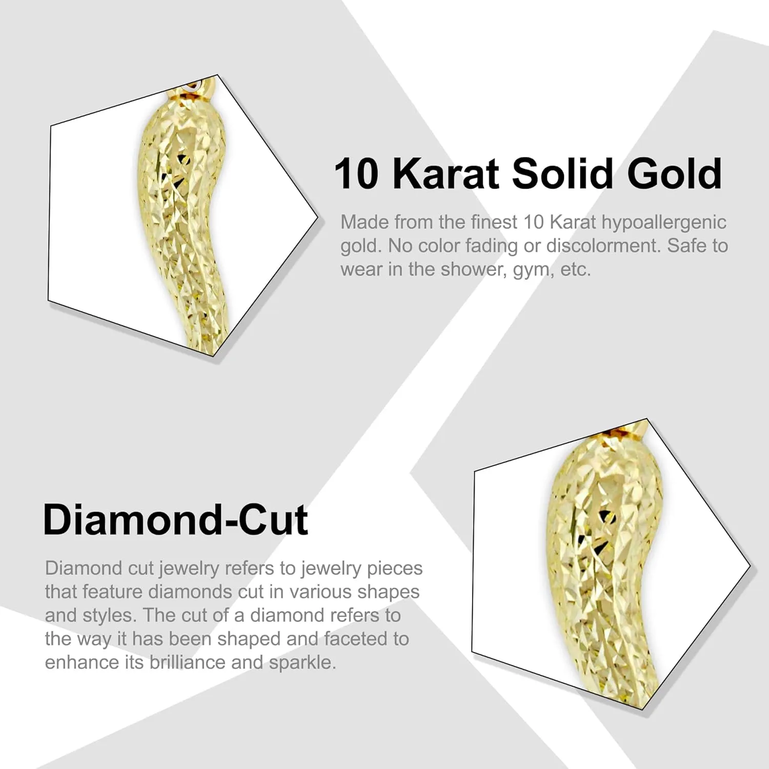 Gold Large Italian Horn Charm - 10 Karat Gold - Diamond Cut Italian Horn Pendant - Dangle Charm
