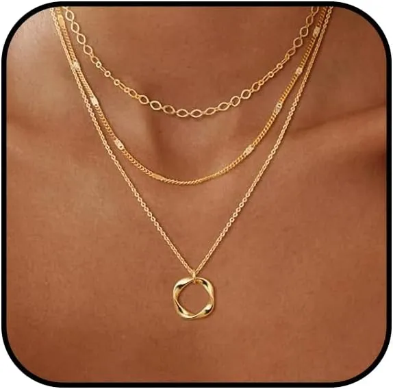 Gold Layered Circle Necklace for Women Silver Herringbone Stackable Choker Necklace Dainty Circle Pendant Necklaces Trendy Jewelry