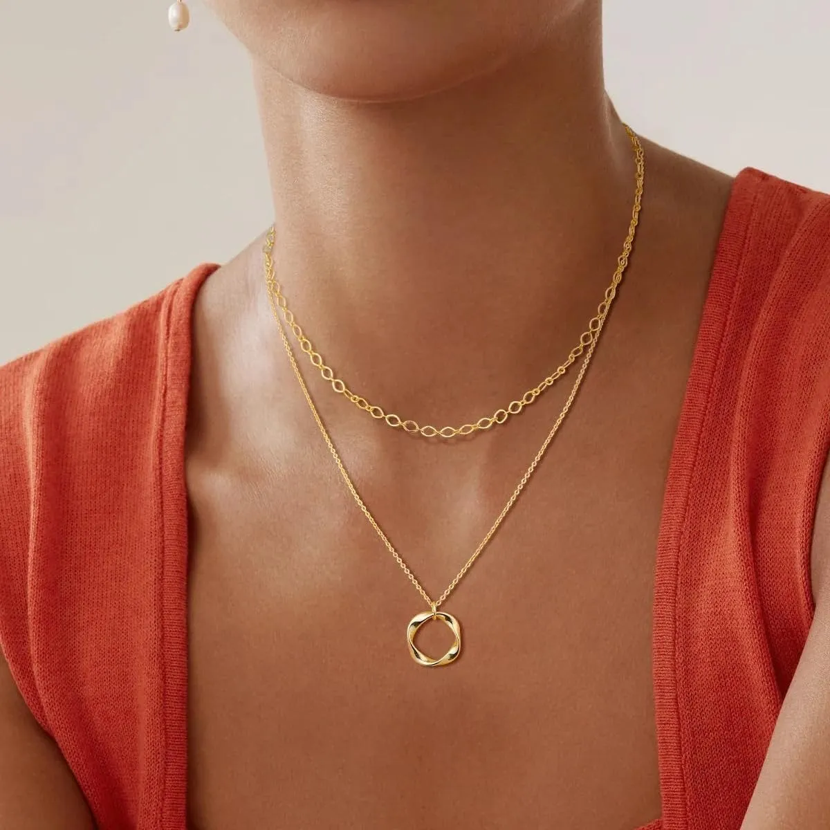 Gold Layered Circle Necklace for Women Silver Herringbone Stackable Choker Necklace Dainty Circle Pendant Necklaces Trendy Jewelry