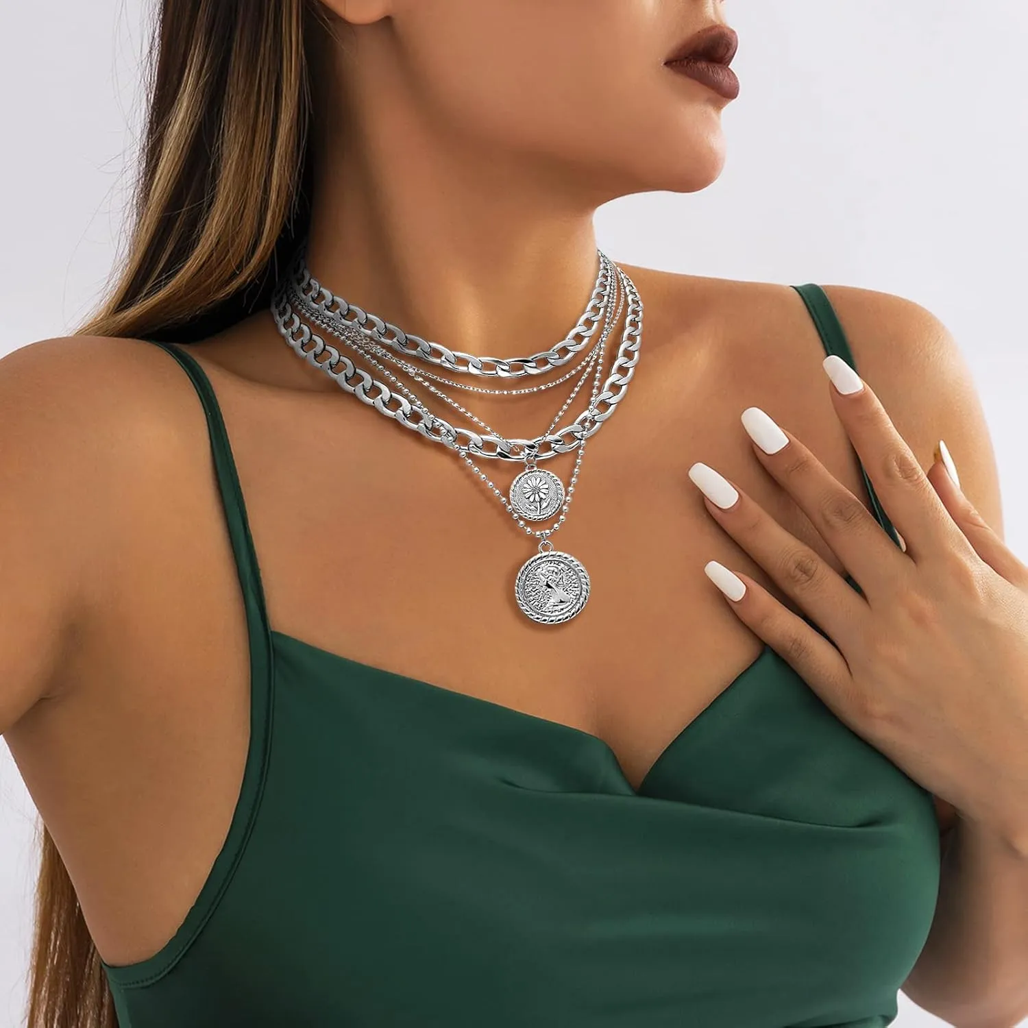 Gold Layered Necklaces for Women Chunky Choker Link Chain Trendy Retro Coin 14K Pendant Necklace Handmade Dainty Layering Poppy Lotus Rose Birth Flower Necklaces Gift