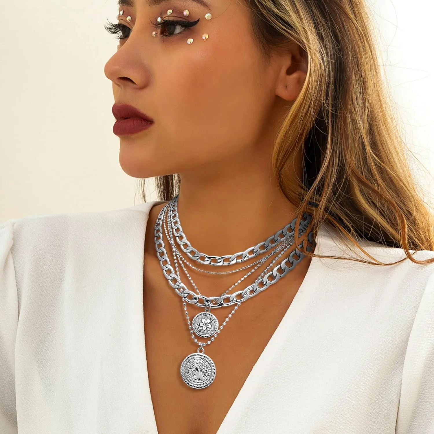 Gold Layered Necklaces for Women Chunky Choker Link Chain Trendy Retro Coin 14K Pendant Necklace Handmade Dainty Layering Poppy Lotus Rose Birth Flower Necklaces Gift
