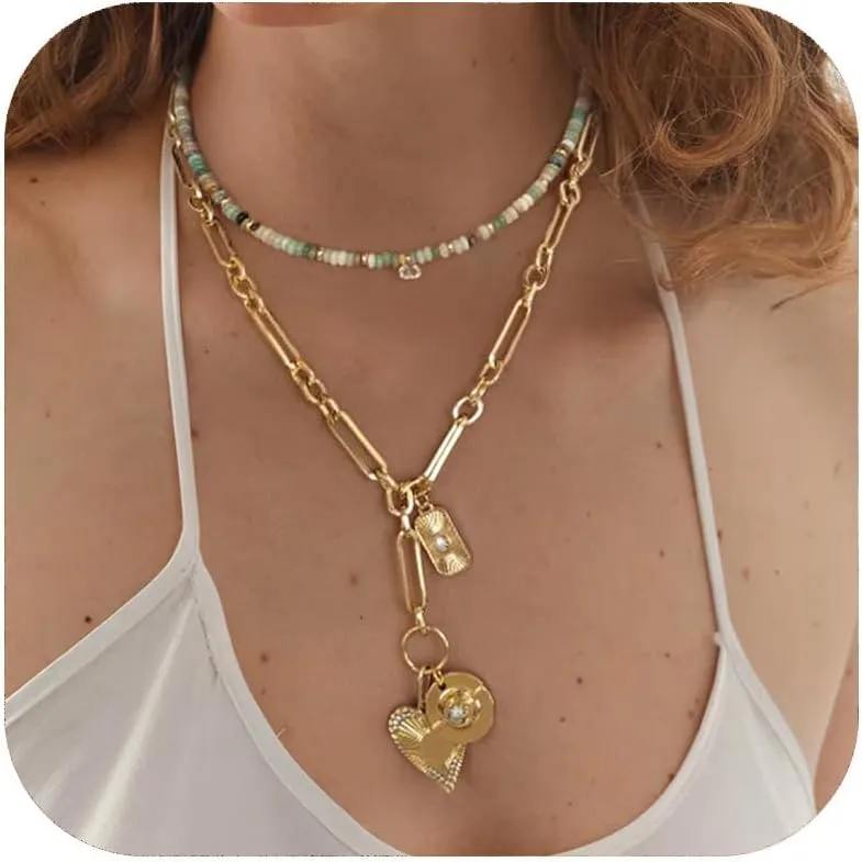 Gold Layered Necklaces for Women Trendy Chunky Gold Paperclip Chain with Simple Heart Charm Boho Choker Necklace Jewelry Gifts