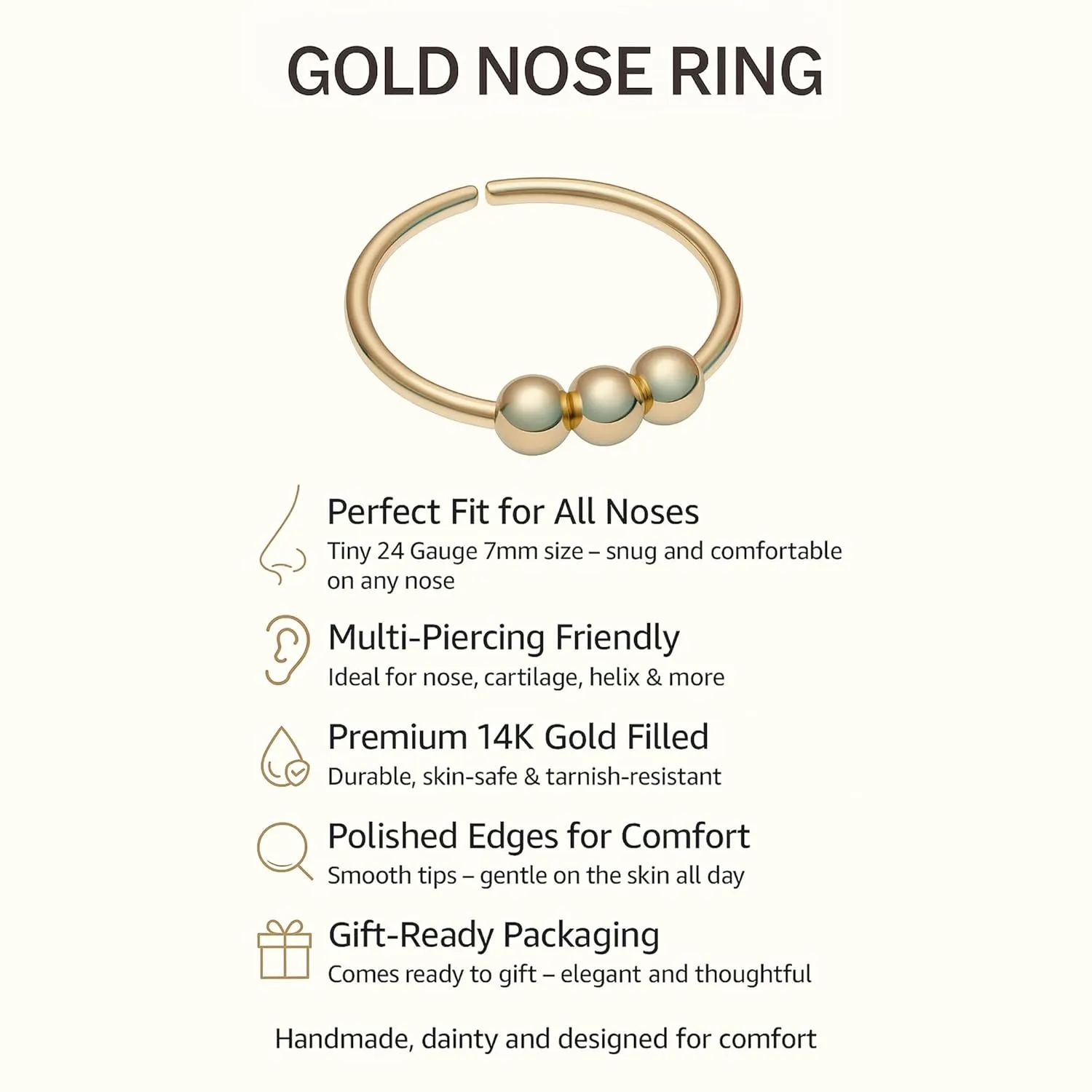 Gold Nose Ring - Thin Tiny 7mm 24 Gauge Beaded Nose Hoop For Women - 14k Gold Filled Nose Rings Piercing Jewelry - Handmade Small Nose Hoops - Gift Ready
